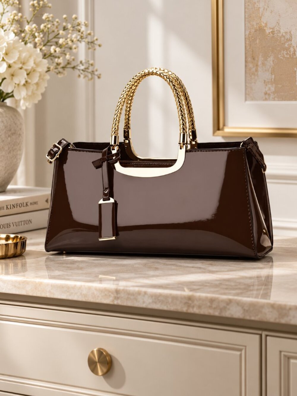 Chocolate Brown Patent Satchel Handbag Gold Handles Luxury Shoulder Bag